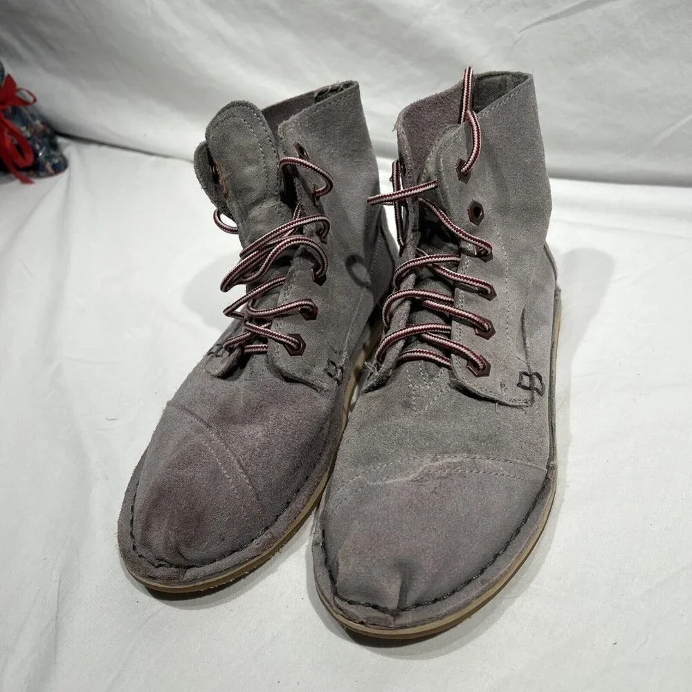 Toms‎ Boy Lace up Flat Boot Shoes W8 Gray Red White Lace